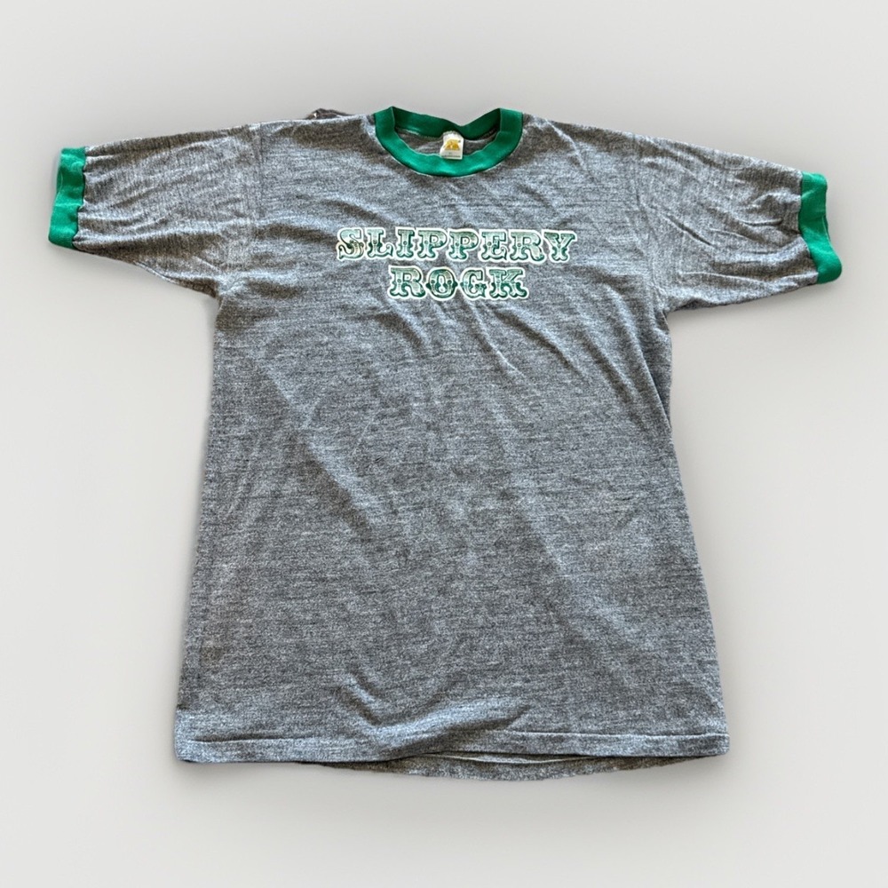 Vintage‎ Slippery Rock Pride Shirt Mens L Ringer Russell Athletic 70s Gray